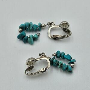 Vintage Sterling Silver Turquoise Chip Dangle‎ Clip On Earrings Southwestern